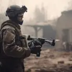 Soldier launches reconnaissance drone. Modern technology at war