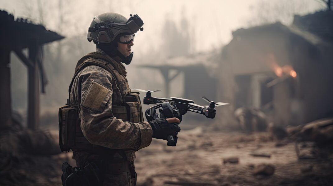 Soldier launches reconnaissance drone. Modern technology at war