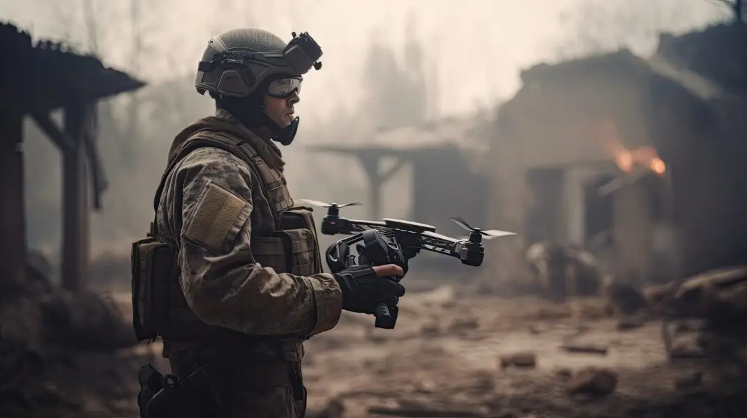 Soldier launches reconnaissance drone. Modern technology at war